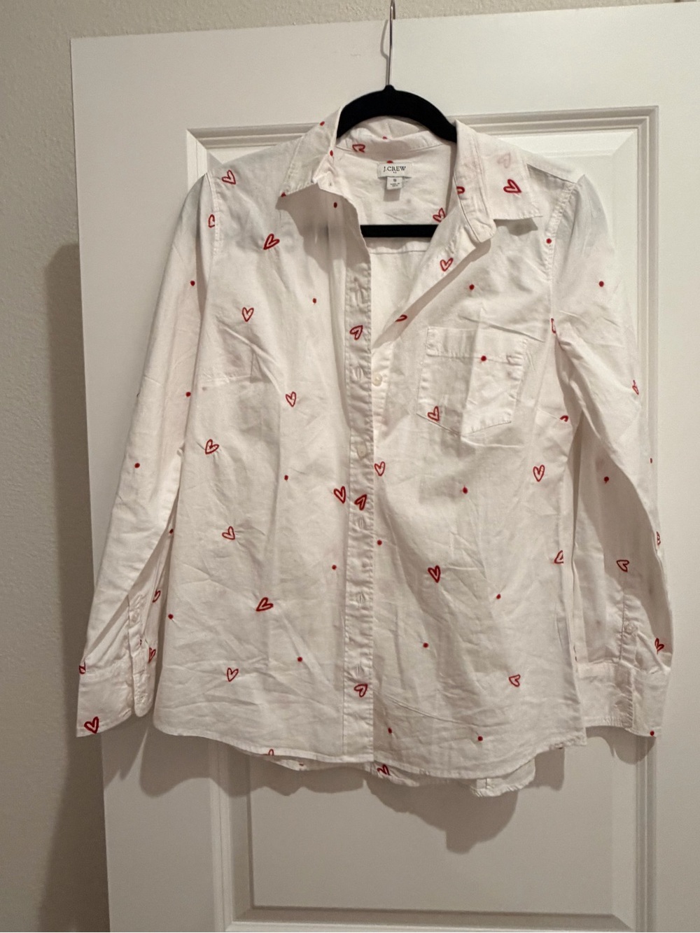 J. Crew White Button-Down Shirt with Red Heart Embroidery